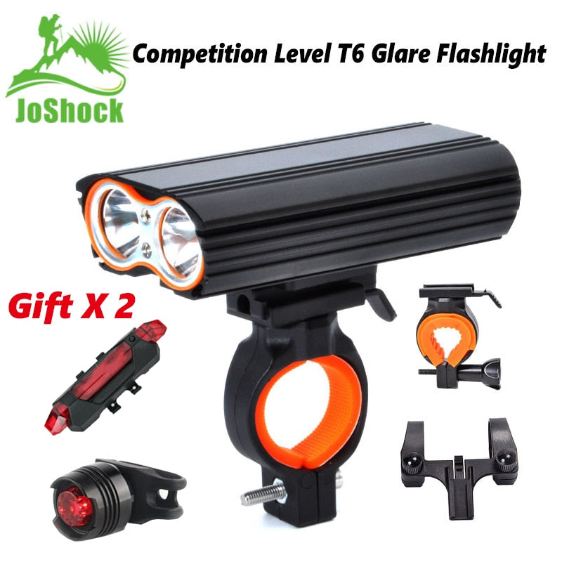 Joshock USB Bike Light 2 XM-L T6 LED 24000Lm Headlight 2 Battery T6 Leds  Cycling Lamp Lantern Flashlight With Free Tail light.