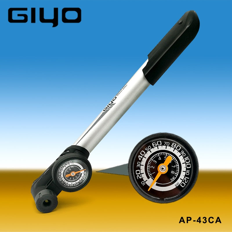 GIYO 2019 New T Type Handle Aluminum Alloy Mini Bike Pump With Barometer Bicycle Pump Air Pump Bicycle Accessories GP-43CA