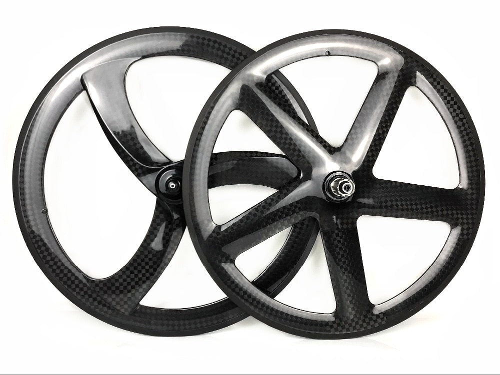 700C full carbon wheels front 3-spokes rear 5-spokes track/road bike 12k glossy wheelset clincher/ tubular carbon wheels