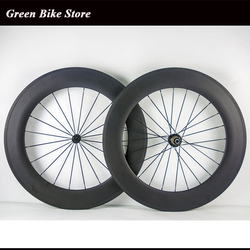 100% carbon fiber Superteam road bike wheels 700C 88mm clincher wheelset with black spokes